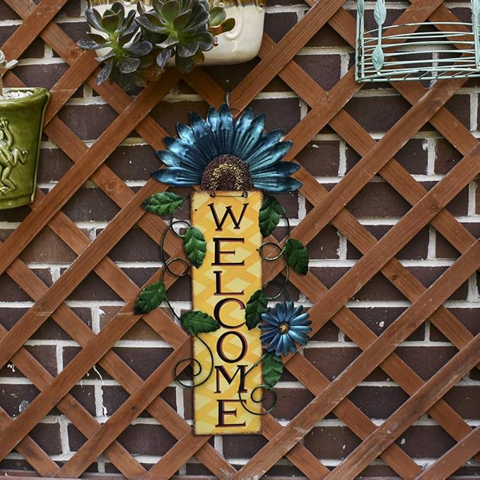 Attraction Design Welcome Sign for Front Door Decor Hanging Sign, Metal Flower Welcome Door Sign Wall Art Decor Hanging for Indoor Outdoor Patio Garden Yard Sign Porch Decoration 15.25X8.5In (C)