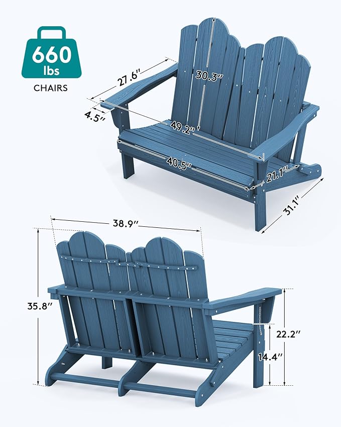 SERWALL Folding Adirondack Bench, HDPE All-Weather Adirondack Loveseat Set of 2, Navy