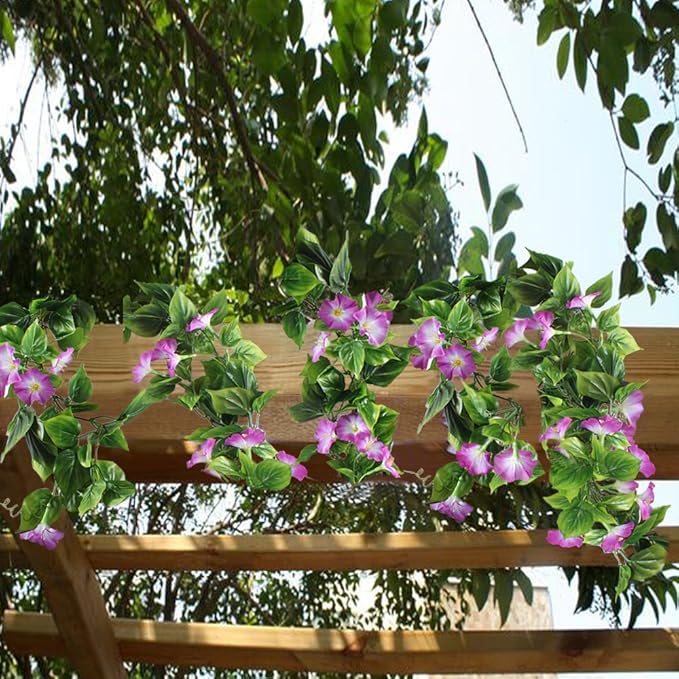 GTIDEA 2Pcs Artificial Vines,15Feet Morning Glory Hanging Plants Silk Garland Fake Green Plant Home Garden Wall Fence Stairway Outdoor Wedding Hanging Baskets Decor Purple