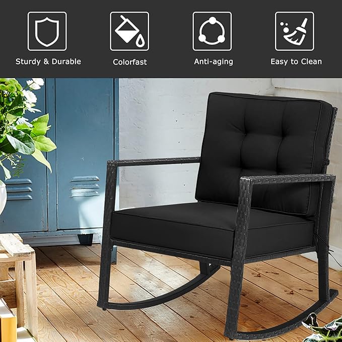 Tangkula Wicker Rocking Chair, Outdoor Glider Rattan Rocker Chair with Heavy-Duty Steel Frame, Patio Wicker Furniture Seat with 5” Thick Cushion for Garden, Porch, Backyard, Poolside (2, Black)