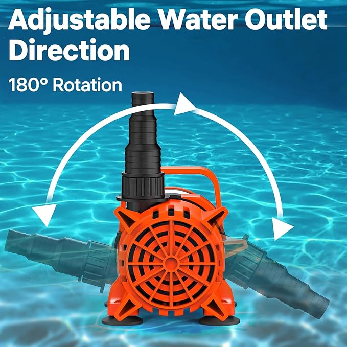DOKO 2700GPH Submersible Water Pump, 180° Ajustable Pond Pump with 20FT Power Cord 120W Ultra Quiet Aquarium Pump for Pond, Fountain, Waterfall, Fish Tank, Hydroponic, Statuary, Orange Black