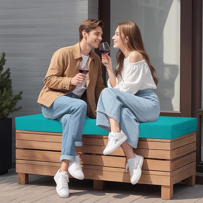 idee-home Outdoor Bench Cushion Waterproof, Bench Cushions for Outdoor Furniture, Patio Porch Swing Replacement Seat Pad with Ties for Garden Backyard, 48 x 18 Inch Peacock Blue