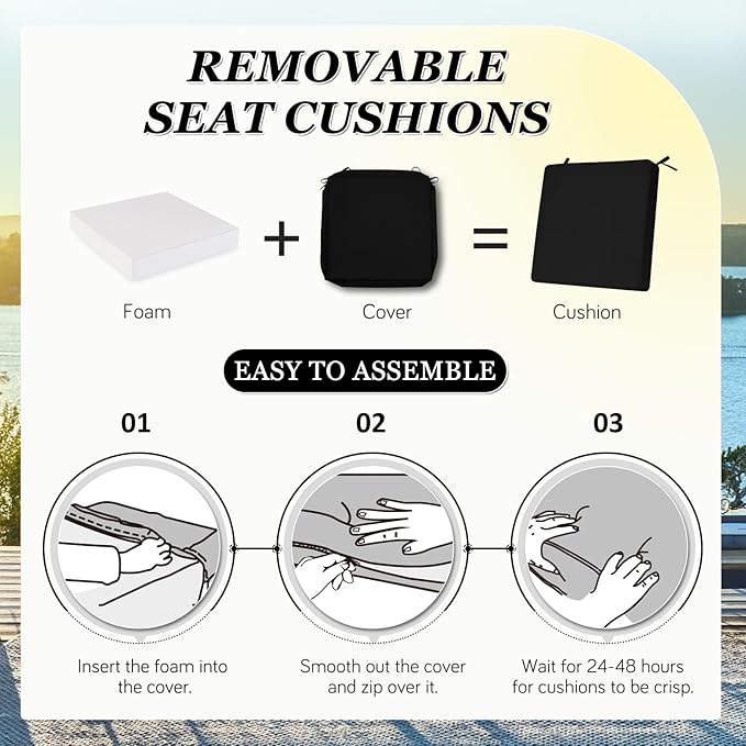 Waterproof Outdoor Chair Cushions Set of 2, Square Outdoor Seat Cushions with Ties and Removable Covers, 19 x 19 Outdoor Cushions for Patio Furniture with Portable Handle(Black)