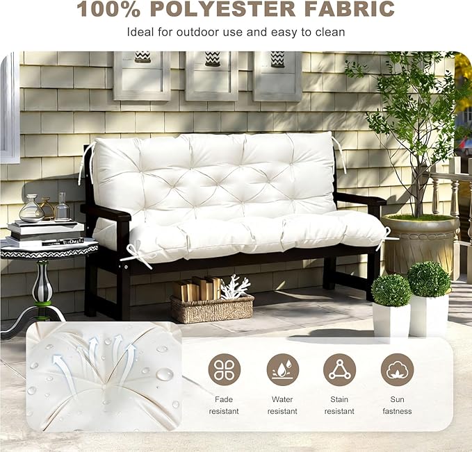 Porch Swing Cushion with Backrest,Waterproof Bench Cushion for Outdoor Furniture,2-3 Seater Replacement Thickened Swing Cushion with Ties,Patio,Outdoor,Backyard and Garden (Cream,47x40)