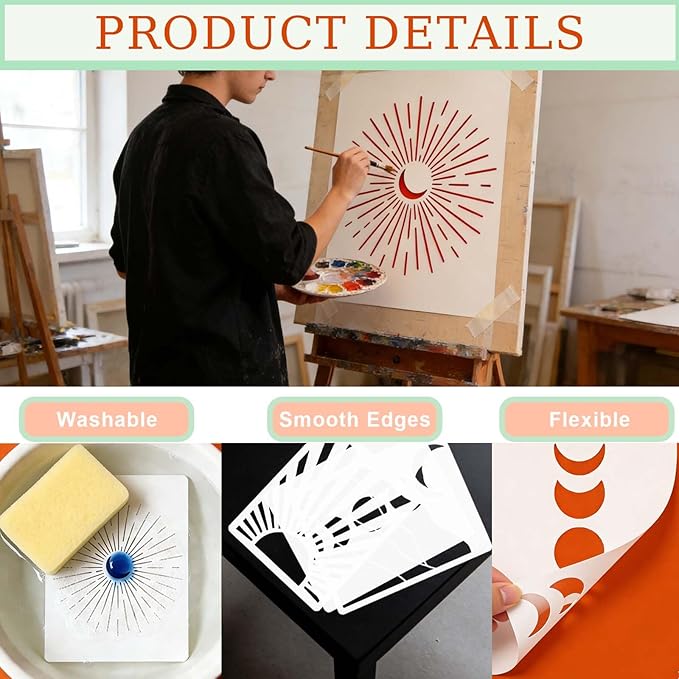 9 Pcs Modern Bohomian Stencils, Reusable 10x8 in Sun and Moon Large Stencil Minimalist Boho Templates for Home Decor DIY Crafts, Boho Line Art Stencils for Painting Spraying on Wall Floor Wood Fabric