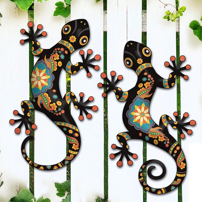 Metal Gecko Outdoor Decor -2 Pack 11.8 inch Metal Lizard Wall Hanging Sculpture Decoration for Indoor or Outdoor, Garden Yard Fence Porch Wall Decorations