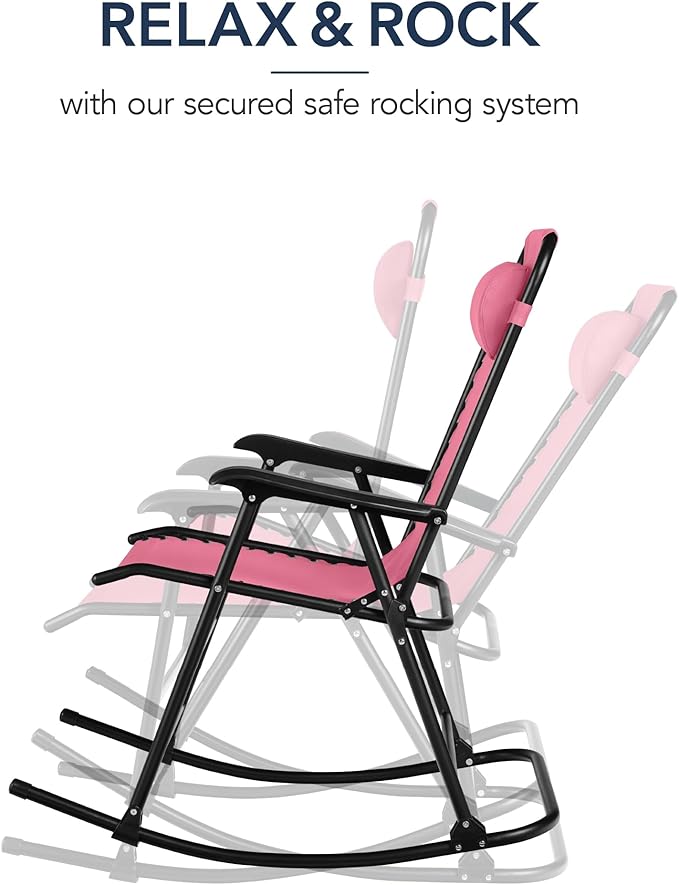 Best Choice Products Outdoor Folding Rocking Chair, Zero Gravity Lounge Chair, Patio Rocker w/Headrest Pillow - Pink