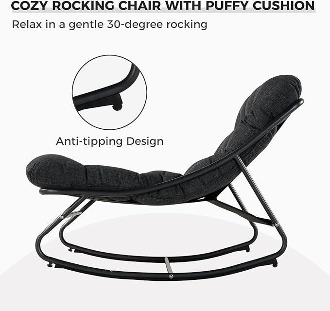Grand patio Rocking Chair with Foot Stool, Metal Outdoor Rocking Chair with Cushion and Foot Rest, Comfy Lounge Rocker for Living Room Porch Patio, Dark Gray