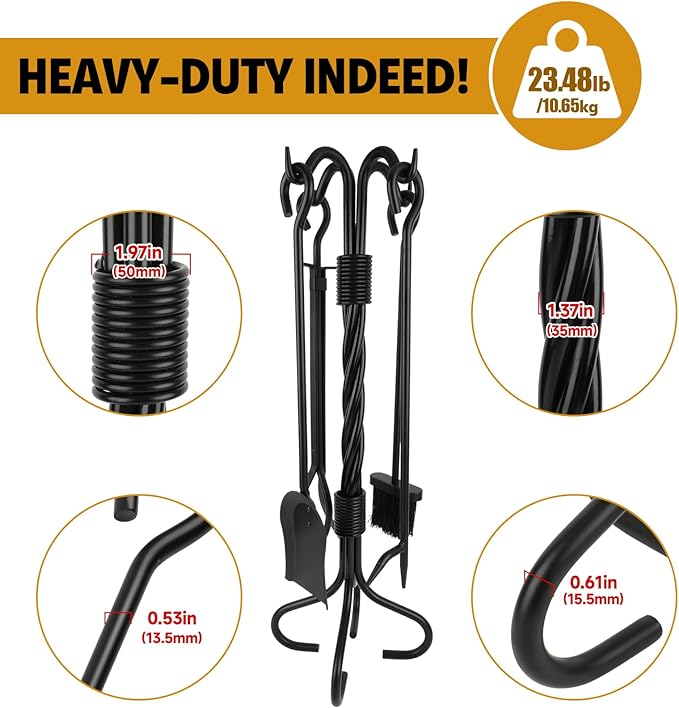 5-Piece Fireplace Tools Set Wrought Iron - NO Assembly - Heavy Duty 32" Solid Steel Fire Poker Set for Outdoor Fire Pit & Wood Stove - Fire Place Set with Tongs, Shovel, Brush, Stand
