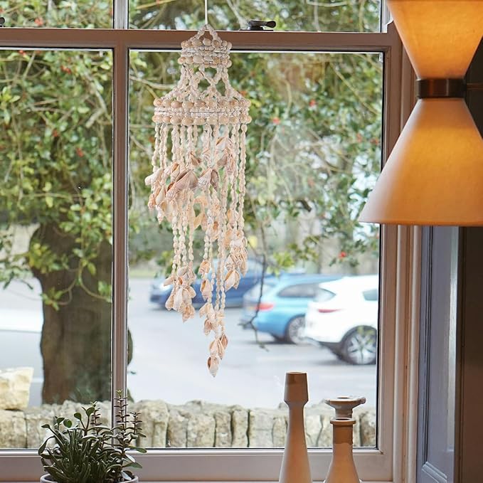 Shell Wind Chime Hanging Ornament 16.53In Coastal Decorative Wind Chimes for Outside Patio Garden Wall Hanging Pendant Natural Home Decoration