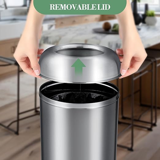 65L/17 Gallon Tall Commercial Trash Can, Large Capacity Outdoor Trash Can with Lid, Round Stainless Steel Open Top Waste Bin, Metal Garbage Bin for Home, Office, Restaurant, Restroom