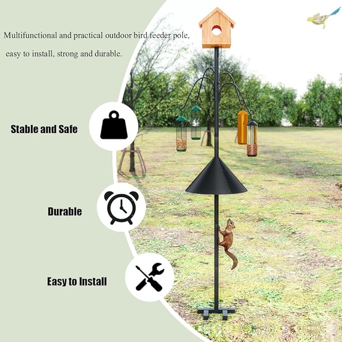 Bird Feeder Pole 101.97 Inch House Stand with Squirrel Proof Baffle Heavy Duty Feeding Station with 4 Shepherd Hooks for Outdoor Garden Yard Black (Bird House Not Included)