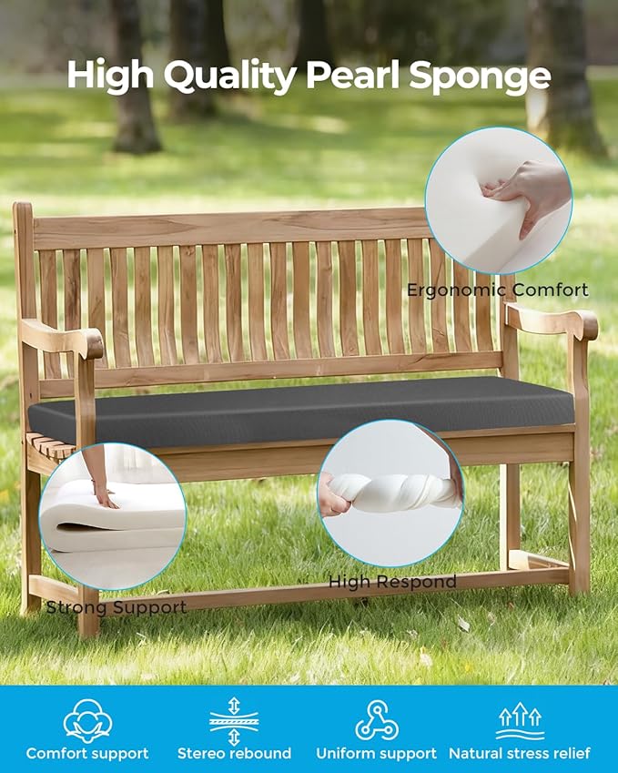 Outdoor Waterproof Bench Cushions 42x16x2 inches, Comfortable Cushion For Patio Porch Swing Garden Furniture Bench, High-Density Seat Cushion With Anti-Slip Bottom, Indoor Sofa Bay Window (Grey)