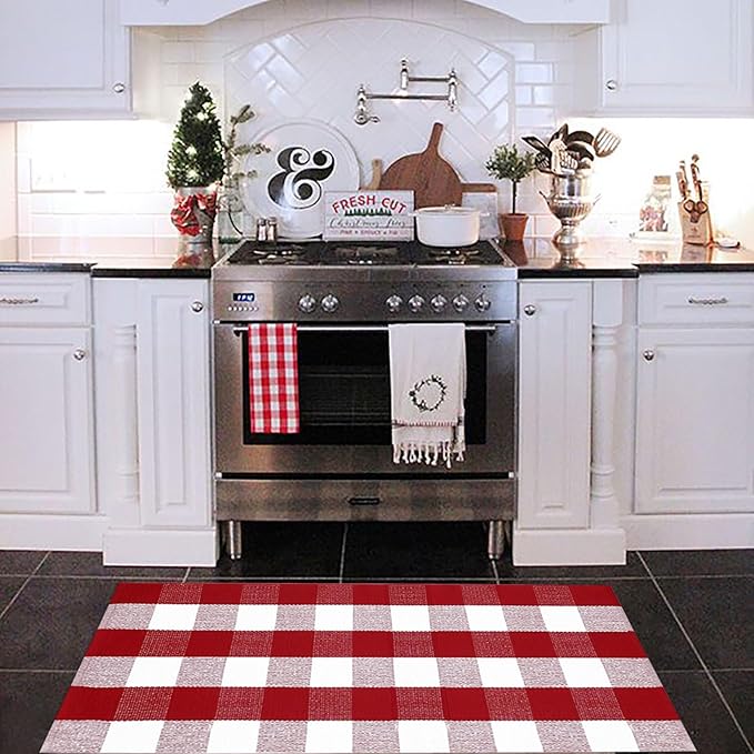 Christmas Door Mat Outdoor 24"x51"Buffalo Plaid Christmas Decor Rug Cotton Hand-Woven Layered Door Mats Washable Carpet for Front Porch, Kitchen, Farmhouse, Entryway,Bedroom