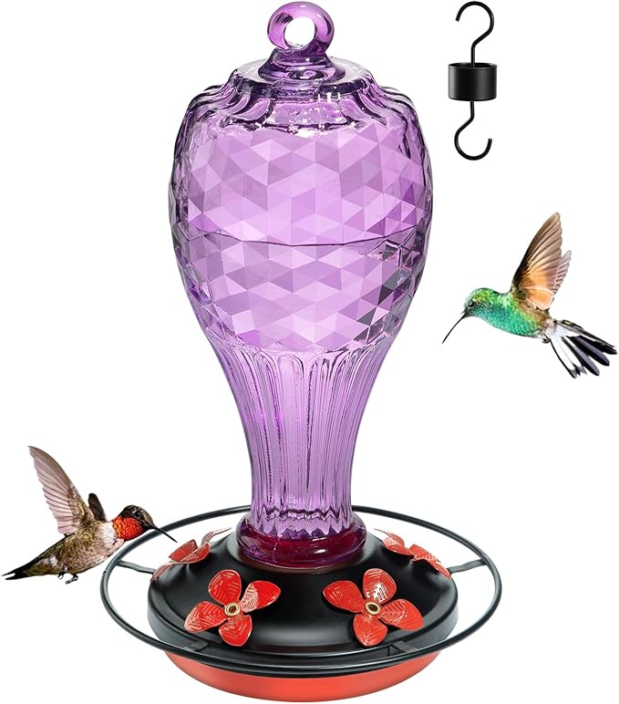 20 OZ Glass Hummingbird Feeders for Outdoors Hanging - Hand-Blown Vibrant Purple Reflective Fish-Scale Design - Attracts More Hummingbirds - Leak-Proof Silicone Seal & Ant Moat, Gift for Mom
