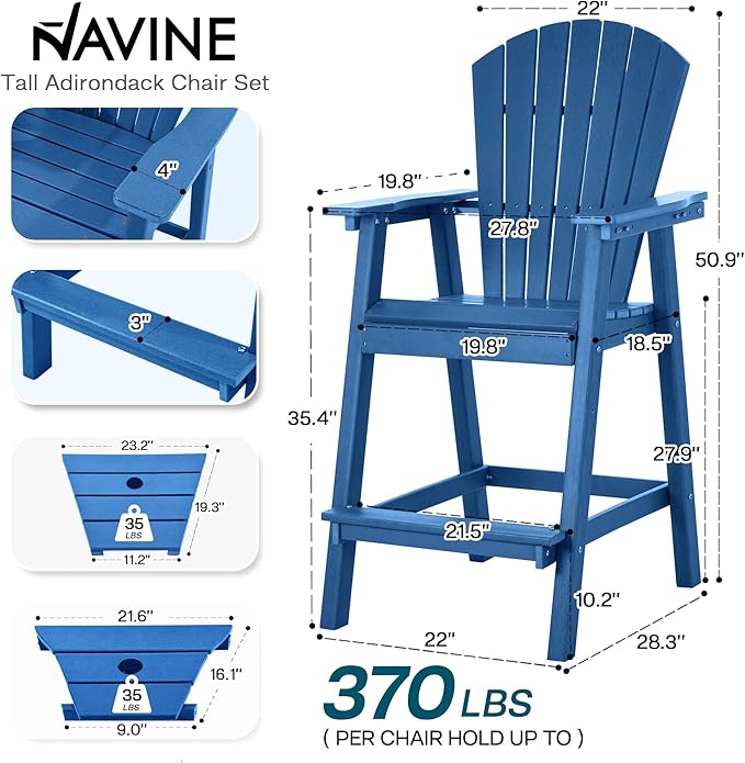 Tall Adirondack Chairs Set of 2, HDPE Balcony Chair with Double Connecting Tray, Weather Resistant Outdoor Adirondack Bar Stools for Patio, Deck, Patio, Backyard, Balcony.(Navy Blue)