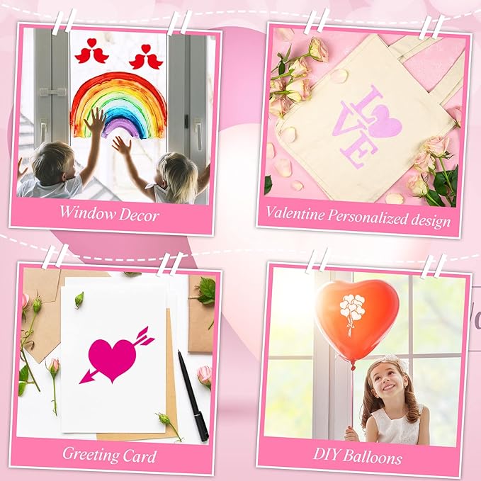 24 Pcs Valentine's Day Stencil Set 8 x 8 Inch Reusable Plastic Love Heart Drawing Painting Templates Valentine Stencils Painting on Wood Paper Cards Scrapbook DIY Rock Furniture Art Crafts