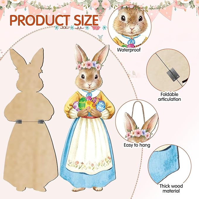 Thyle 2 Pcs Large Easter Bunny Hanging Sign 32.3 x 12.2 Inch Easter Wooden Front Door Decorations Rabbit Egg Carrot Hanger Porch Sign for Spring Outdoor Indoor Home Wall Decor