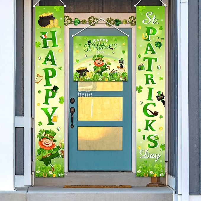 St Patricks Day Porch Sign Decoration - 3 Pack Green Clover Banner Yard Sign Irish Clover Front Door Hanging Banner for Outdoor Indoor Hanging Background St. Patrick's Day Family Party