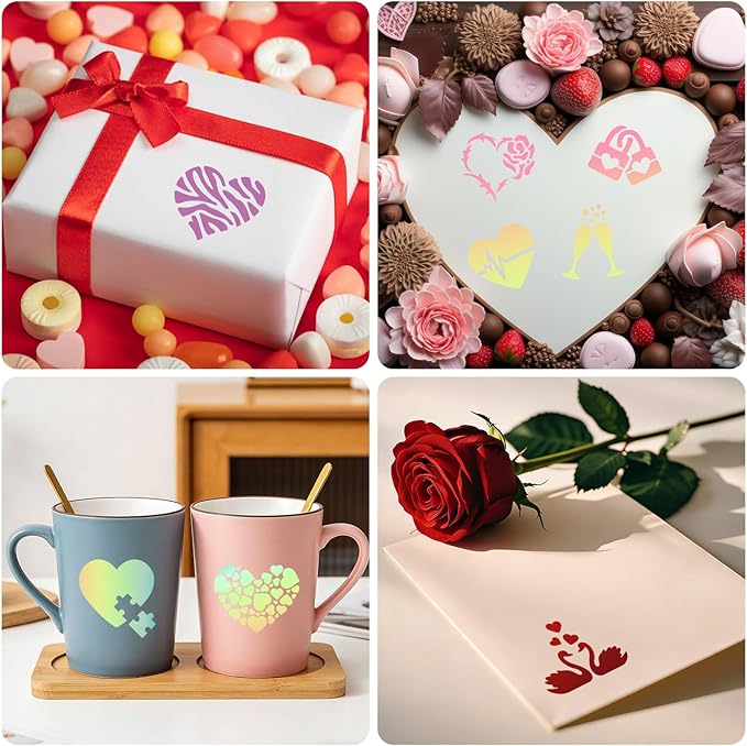 72 PCS 3x3 Inch Valentine‘s Day Stencils for Painting - Love red HeartKiss red RoseCupid's Arrow Reusable Valentine's Painting Templates on Wood, Glass, Fabric, Window Door Decor DIY Decoration