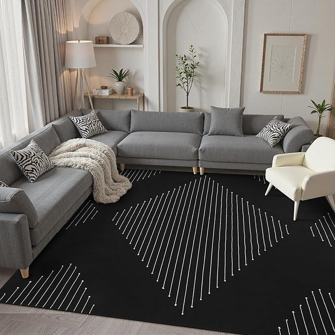 LIVEBOX Boho Black Area Rug 8 x 10 for Living Room, Bedroom Washable Moroccan Cotton Rugs, Large Carpet Thin Indoor Floor Rug for Dining Room, Home Office