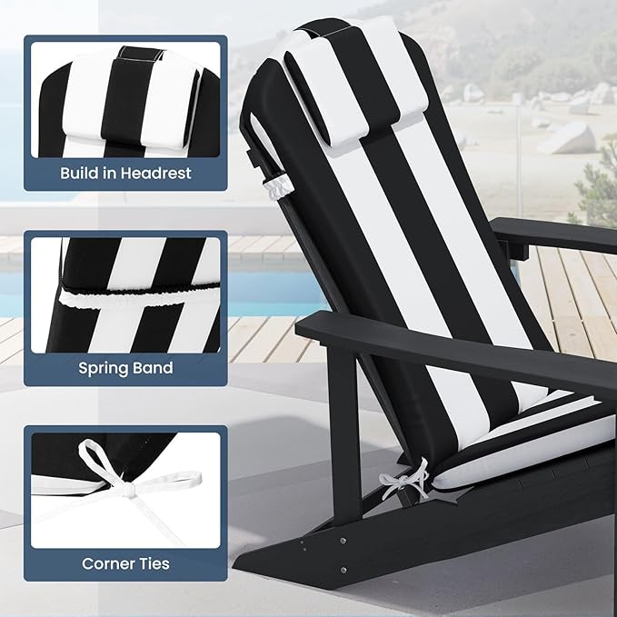 Crestlive 50x20 Inch Adirondack Chair Cushion with Headrest, Water Repellent, Fade Resistant, High Back Outdoor Rocking Chair Cushion for Patio, Black White Stripe