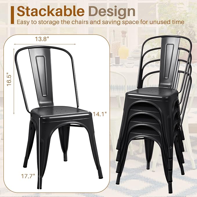 Furmax Metal Dining Chair Indoor-Outdoor Use Stackable Classic Trattoria Chair Chic Dining Bistro Cafe Side Metal Chairs Set of 4 (Black)