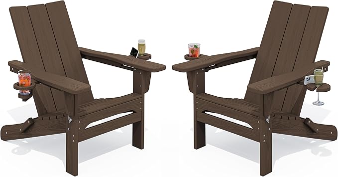 SERWALL Modern Adirondack Chairs Set of 2, Folding Adirondack Chair with Cup Holders, Outdoor HDPE Adirondack Chair for Patio Lawn Garden, Coffee
