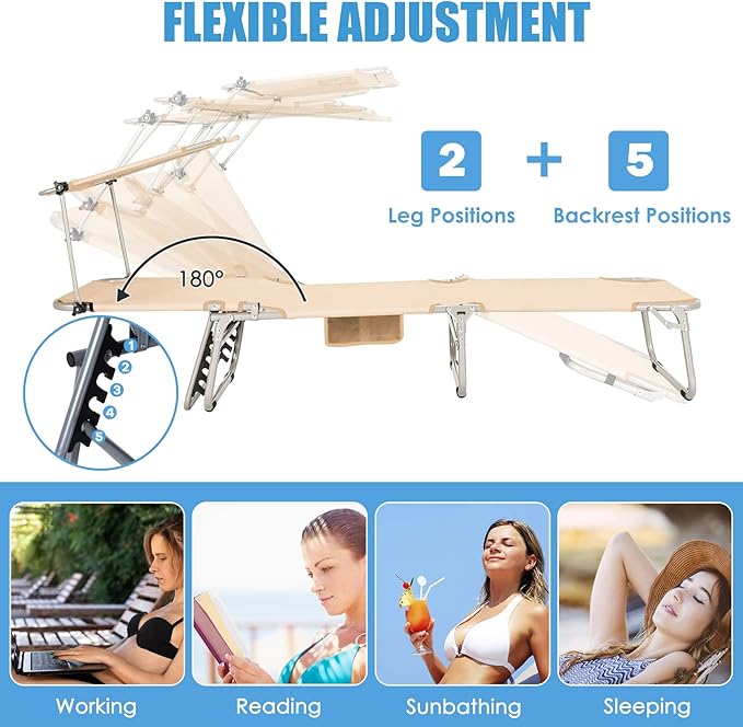 GYMAX Tanning Chair, Beach Lounge Chair with Canopy Sunshade, Carry Handle & Pocket, 5 Level Adjustable Layout Chaise Lounge for Outside, Folding Sunbath Chair for Outdoor, Patio, Poolside (2, Sand)