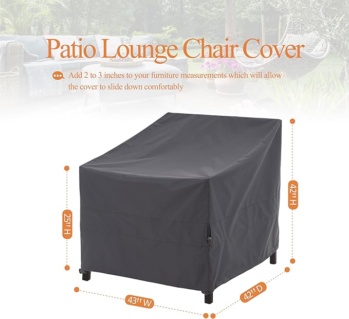 WJ-X3 Patio Chair Covers, Outdoor furniture Cover, Heavy Duty, Waterproof Patio Chair Covers, 43W x 42D x 42H, Gray, 1-Pack