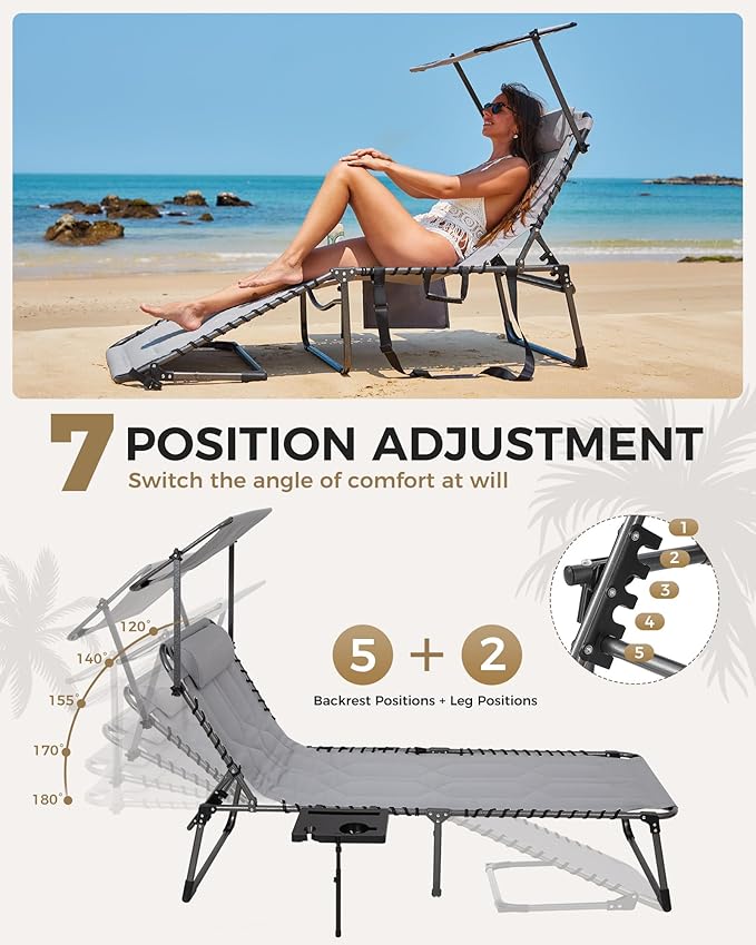 KingCamp Oversized Tanning Chair, Extra-Wide Padded Folding Chase Lounge Chairs Adjustable 5-Position 400lbs Heavy Duty Lounger with Double-Layer Oxford Canopy Shade for Outdoor Beach Patio Sun Pool