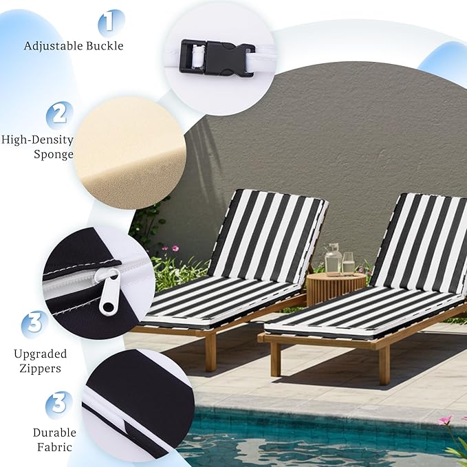 Chaise Lounge Cushions Outdoor Set of 2, 71"x22"x3" Patio Lounge Chair Furniture Cushions with Washable Covers for Pool, Patio, Lawn (Black+White Stripes, 2 Pcs)