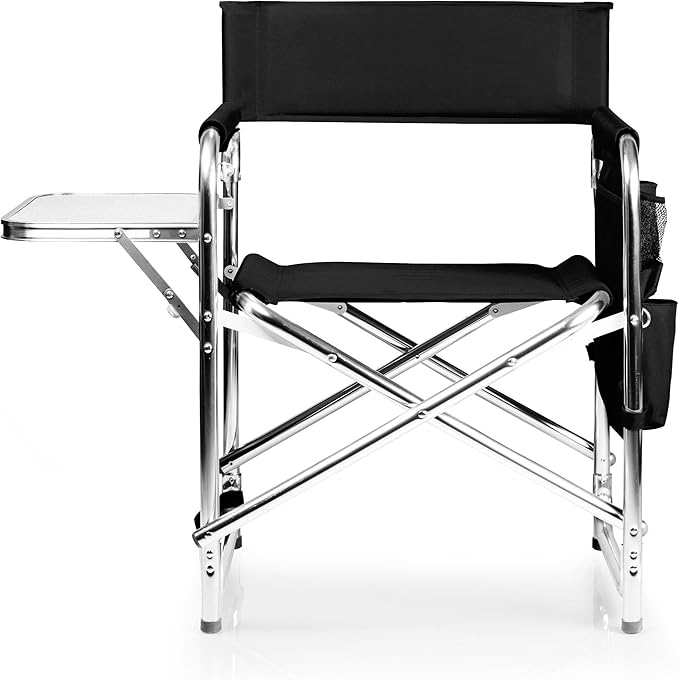 PICNIC TIME Sports Chair with Side Table, Outdoor Foldable Padded Adult Camping Chairs with Cup and Accessory Panel for Lawn, Beach, & Sports Use for Adults, up to 300-lbs Capacity, (Black)