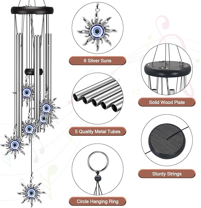 Wind Chimes for Outside Clearance, Wind Chime with Natural Sounds, Outdoor/Indoor Decorations for Patio, Porch, Backyard and Garden Decor (Sun Evil Eyes)