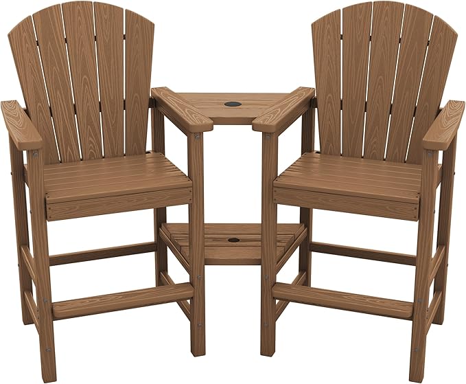 SERWALL Tall Adirondack Chairs Set of 2 with Double Layer Connecting Tray, HDPE Bar Height Outdoor Chairs, Wood-Like Adirondack Bar Stools for Patio, Balcony, Porch, Brown