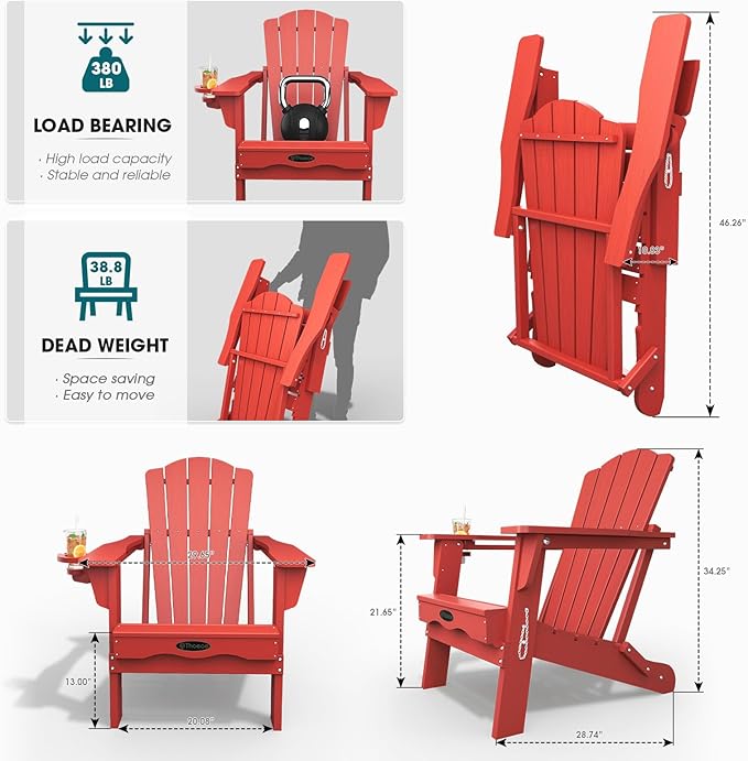 Folding Adirondack Chair Set of 2,HDPE All-Weather Outdoor Chair with Cup Holder,Wooden Textured,Fire Pit Chair,Plastic Patio Chair for Deck,Backyard,Garden,Lawn(Red)