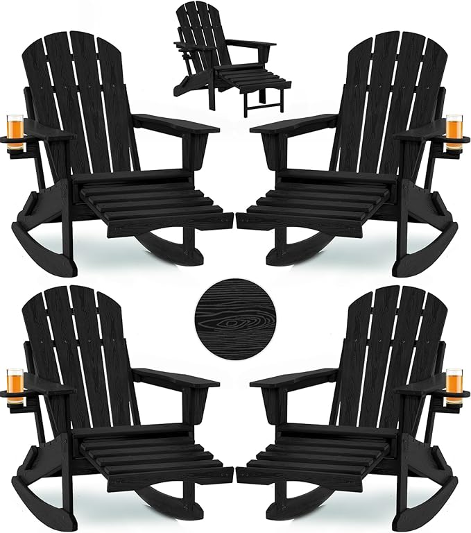 Folding Adirondack Rocking Chair Set of 4,4-in-1 Multifunctional Patio Chairs with Retractable Ottoman, Outdoor Chairs Wood Texture, Lawn Chair for Porch, Backyard, Pool(Black)