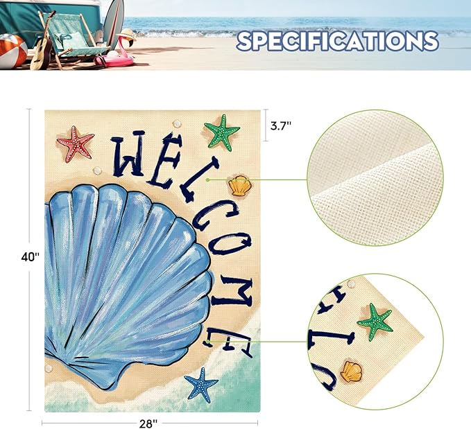 AVOIN colorlife Summer Coastal Beach Shell House Flag 28x40 Inch Double Sided, Welcome Seasonal Nautical Burlap Yard Outdoor Decoration
