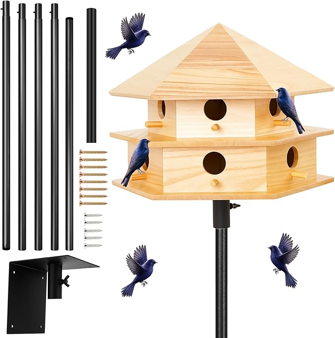 12 Room Purple Martin House Package, Deluxe Complete Birdhouse Kit with 15 ft Adjustable Pole, Ground Socket for Outdoor