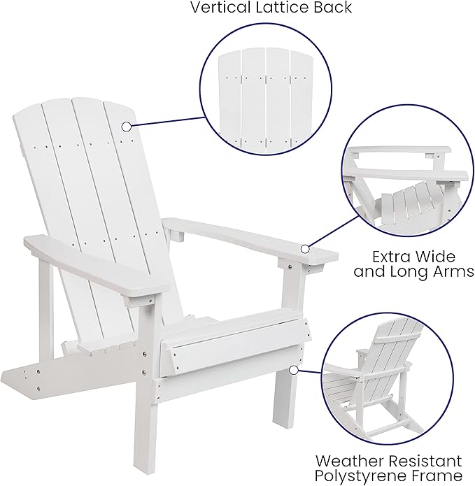 Flash Furniture Charlestown Commercial Grade Indoor/Outdoor Adirondack Chair, Weather Resistant Durable Poly Resin Deck and Patio Seating, White
