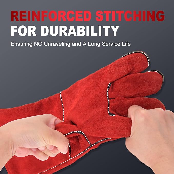 TOPDC Welding Gloves 14 Inches Fire/Heat Resistant Leather For Mig,Tig,Stick,Forge,BBQ,Grill, Fireplace,Wood Stove, Furnace,Pot,Oven (14 Inch-Red)