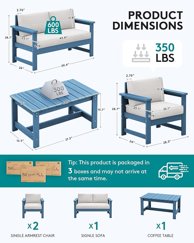 SERWALL 4 Pieces HDPE Outdoor Sofa Set with Cushions, All Weather Use Conversation Couch Set, Outdoor Loveseat Furniture with Coffee Table for Patio, Blue Frame with Khaki Cushions