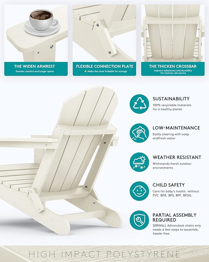 SERWALL Folding Adirondack Chair Set of 4 for Patio Garden Outdoors Fire Pit Chairs-White