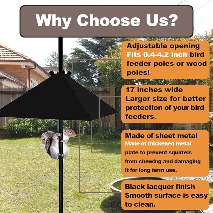 Metal Squirrel Baffle，Adjustable Opening Size Up to 4x4 Wide Wooden Post,Squirrel Baffle for Bird Feeders Without Removing Bird Feeder Poles Or Shepherd's Hooks.17inch