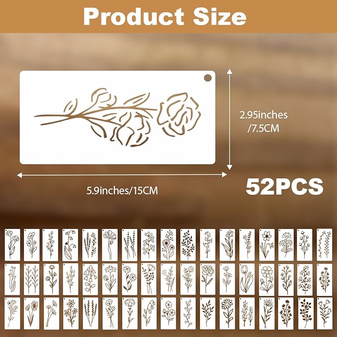 CeeVian Flower Stencils 52 Pieces Flower Stencils for Painting DIY Crafts Plant Stencil Reusable Wild Floral Stencil Leaf Floral for Painting on Wood Furniture Card Canvas Paper Scrapbook