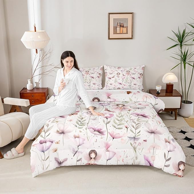 Erosebridal Fairy Garden King Bedding Set - Butterfly & Floral Comforter Set for Kids Girls, Purple Pink Flower Butterflies Quilt | Whimsical Fairies Bedroom Decor with 2 Pillowcases