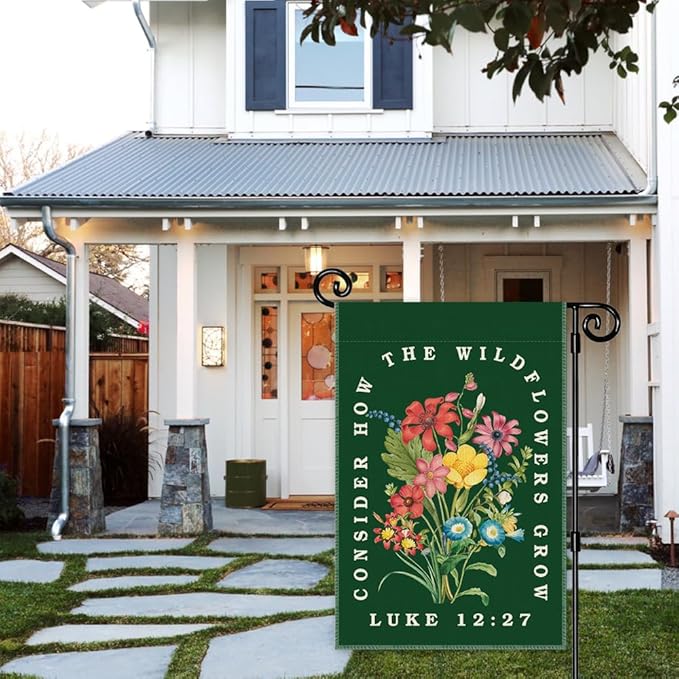Consider How the Wildflowers Grow Garden Flag, Christian Garden Flag for Outside, Bible Verse Double Sided Farmhouse Lawn Yard Banner, Faith Religious Gifts for Gardener Plant Lovers Catholic