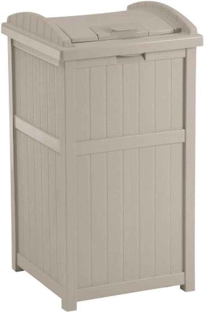 Suncast 2 Pack 33 Gallon Durable Plastic Hideaway Outdoor Garbage Can with Secure Lid and Wicker Design for Home Backyards, 1 Java Brown and 1 Taupe