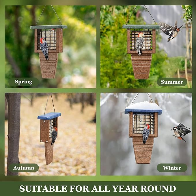 Kingsyard Recycled Plastic Suet Bird Feeder, Tail Prop Suet Feeder for Outside Hanging, Sturdy & Durable, Great for Woodpecker & Clinging Birds, Blue