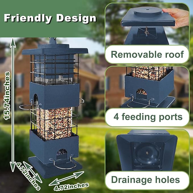 Squirrel Proof Bird Feeder for Outdoors Hanging,3Lbs Metal Birdfeeders Squirrel Proof with 4 Feeding Ports for Outside, Birdseed Feeder for Cardinal, Finch, Sparrow,Bluejay (Blue)